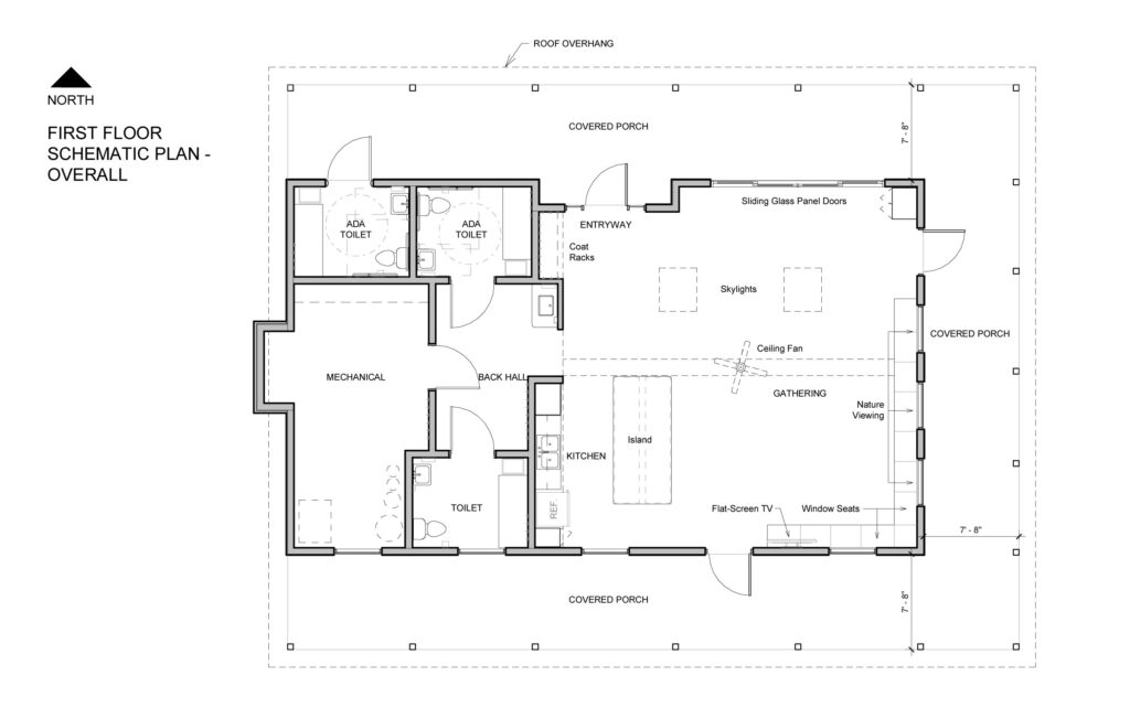 MFP first floor log cabin birds eye blueprint including bathrooms, kitchen, covered porch area, TV, coat racks, and back hall area